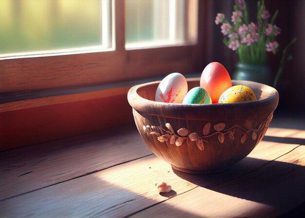 Easter eggs in bowl over window with sunrise AI Generated