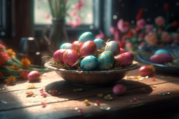 Easter eggs in a bowl with flowers on the table