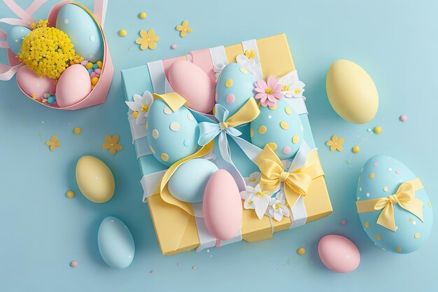 Easter eggs in a box with a basket of candy on a blue background