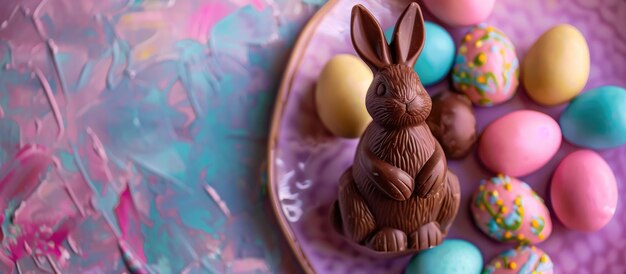 Easter eggs and a bunny made of chocolate on a colorful wooden plate