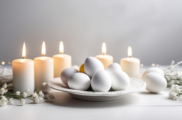 Photo easter eggs and candes on table white eggs and white candles