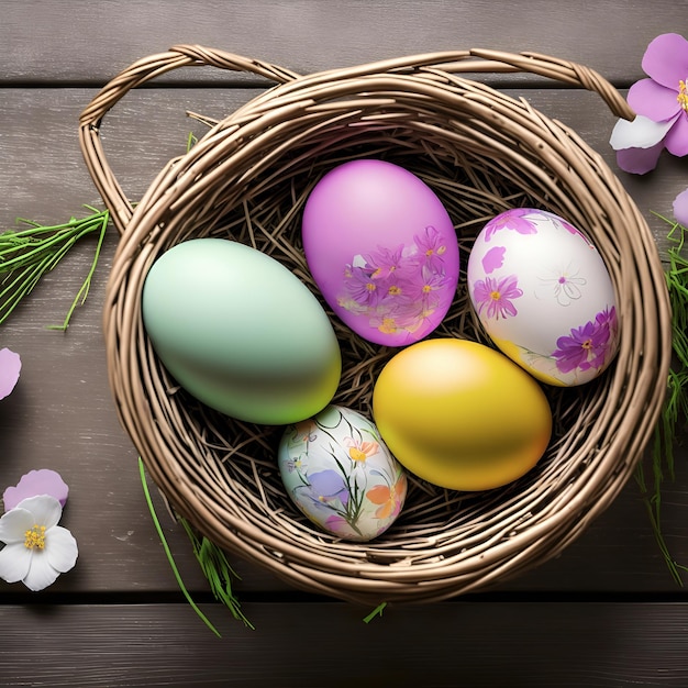 Easter eggs carefully placed in a basket atop a wooden board generative AI