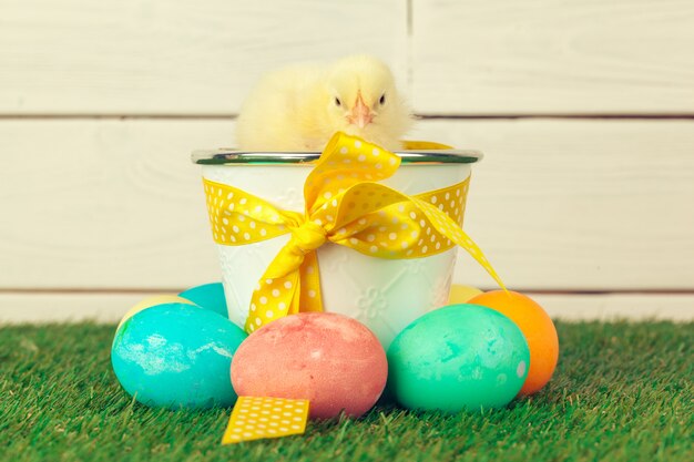 Easter eggs and chickens on green grass