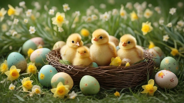 Easter eggs and chicks in nest on grass with daffodils