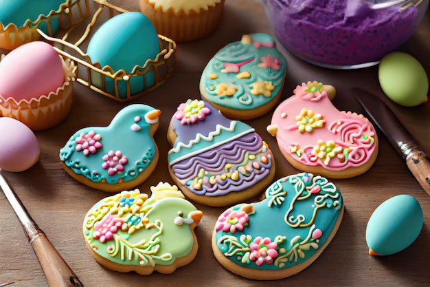 Easter Eggs Cookies with Royal Icing Biscuit Color Eggs for Easter Design Generative AI Illustration