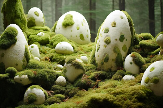 Easter eggs covered with moss in the forest Happy Easter