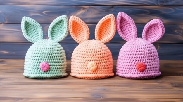 Photo easter eggs in crochet hats with bunny ears generative ai