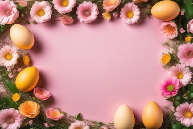 Easter eggs decorated with flowers with blank card on white background top view