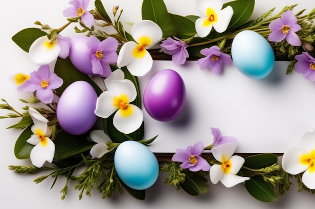 Easter eggs decorated with flowers with blank card on white background top view
