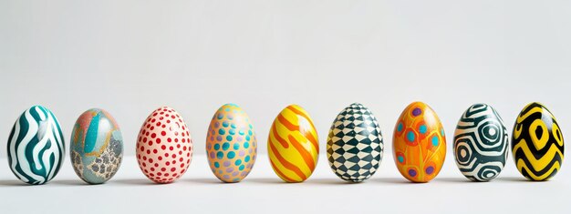 Easter eggs decorated with mosaic patterns in row at gray wall