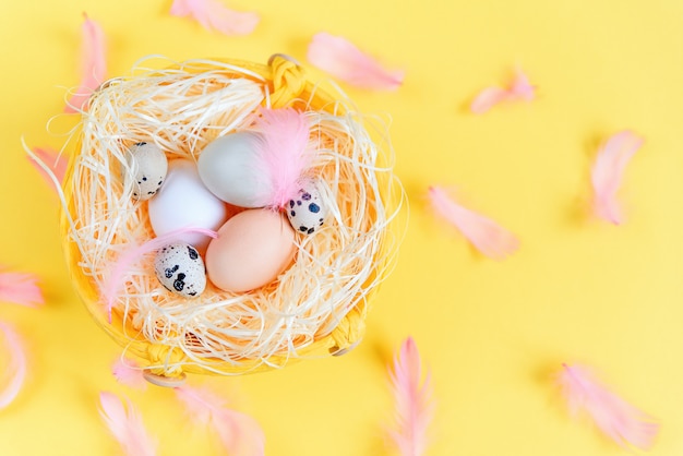 Easter eggs of different colors, quail eggs and pink feathers , top view. Easter holiday concept. Close up.