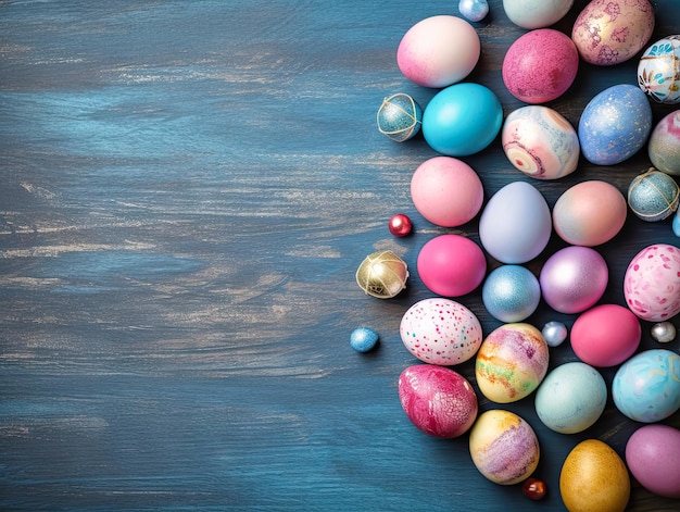 Easter eggs of feathers in a nest on a blue background