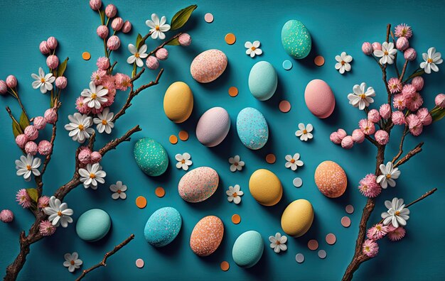 Easter eggs feathers in a nest on a blue wooden background Minimal concept