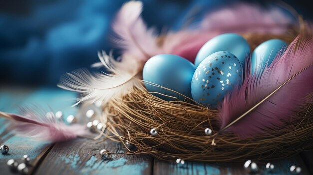 Easter eggs feathers in a nest on a blue wooden background