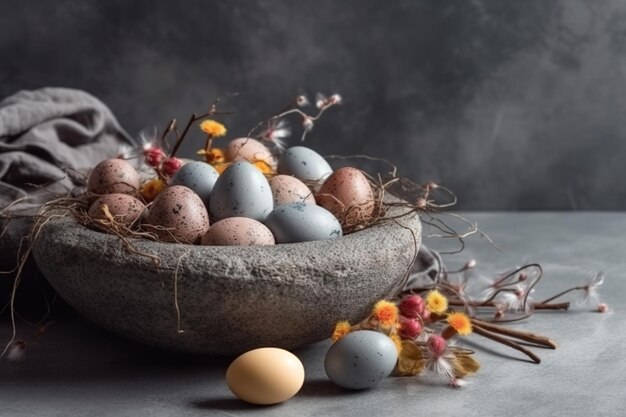 Easter eggs feathers in a nest on rustic background