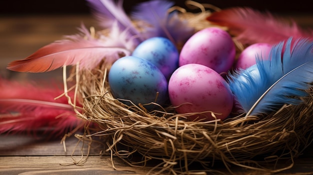 Easter eggs feathers in a nest on a wooden background