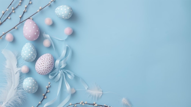 Photo easter eggs feathers and willow on a pastel blue background