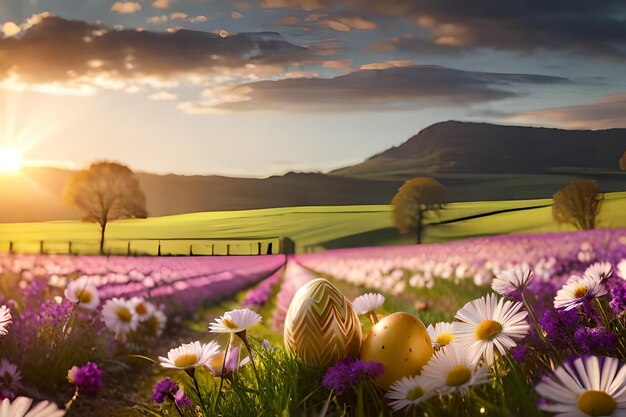 easter eggs in a field of flowers