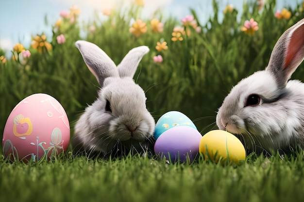 Easter eggs in a field with two rabbits