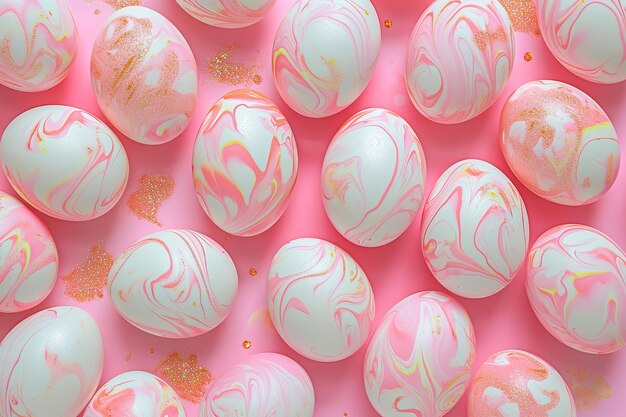 Фото Пасхальные яйца лежали плоскими в персиковой шерсти, украшенными пастельными персиковыми и золотыми цветами на пастельной персиконой шерсти.