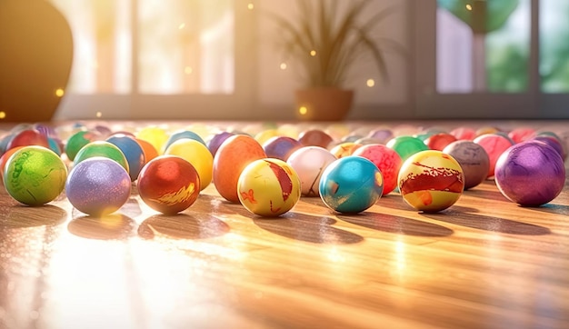 easter eggs on the floor with sunlight and grass