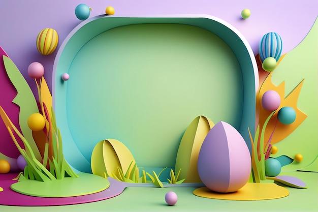 Easter eggs and florals Decorative frame border with a black space greeting card Generative AI