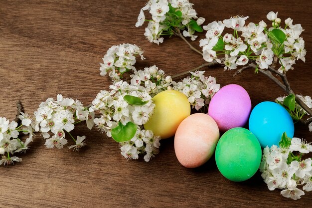 Easter eggs on a flowering tree branch