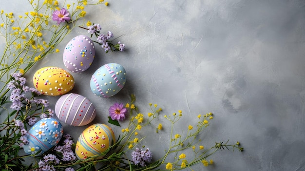 Photo easter eggs and flowers against a grey concrete surface leaving ample room for text