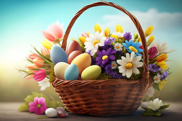 Easter eggs and flowers arranged in a basket