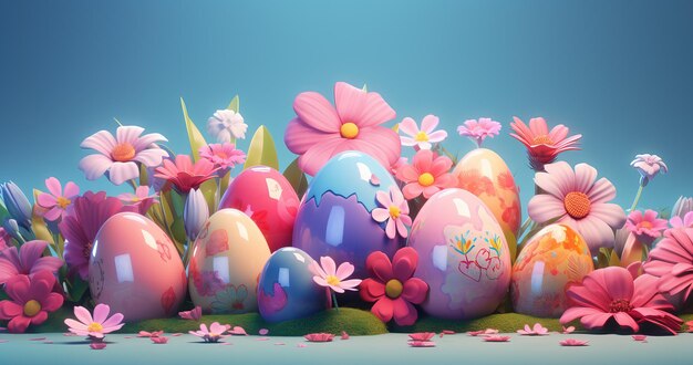 Easter eggs and flowers on blue background 3D illustration