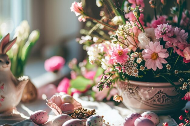 Easter eggs and flowers Floral composition surrounded by Easter decor Generative AI