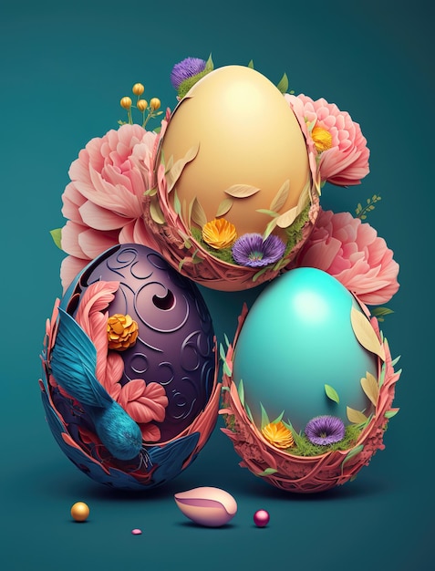 Easter eggs and flowers on purple background happy easter concept Generative AI