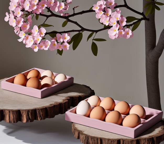 easter eggs and flowers on a white background