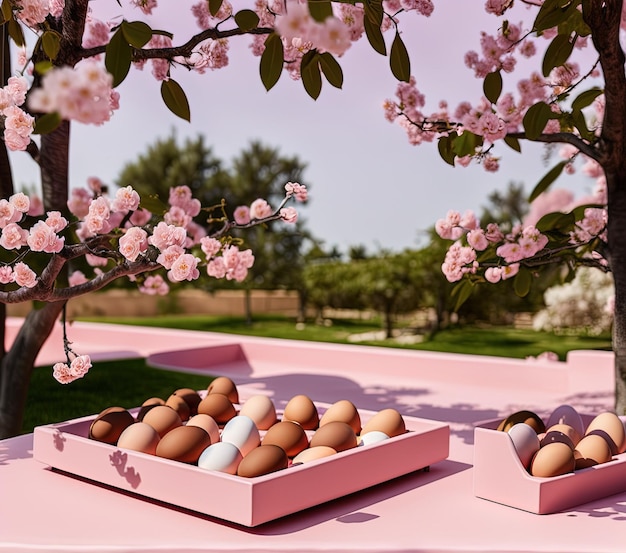 easter eggs and flowers on a white background