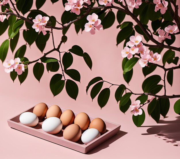 easter eggs and flowers on a white background