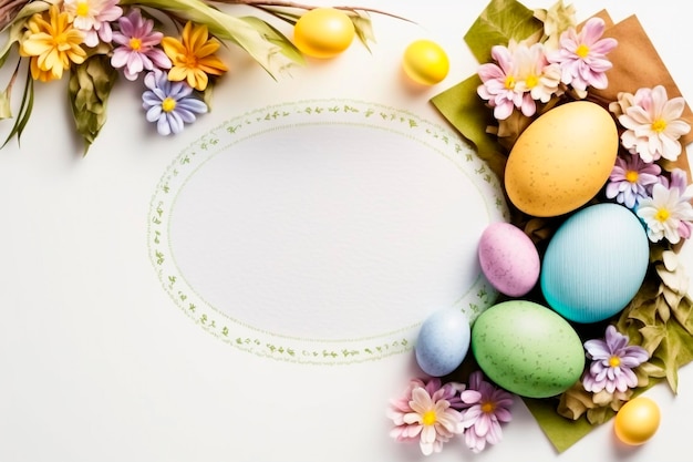 Easter eggs and flowers on a white background