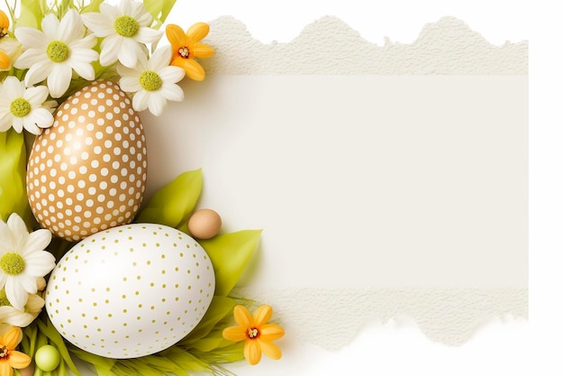 Easter eggs and flowers on a white background