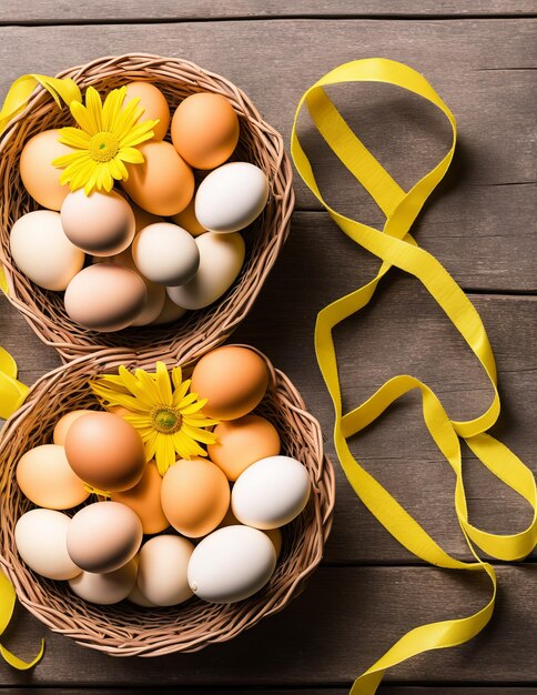 easter eggs and flowers on a white wooden background