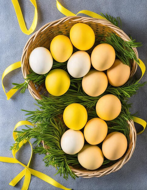 Easter eggs and flowers on a white wooden background