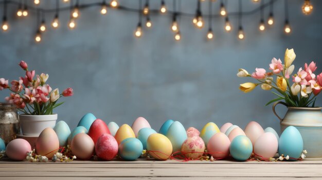 Easter Eggs and Flowers with Festive Lights