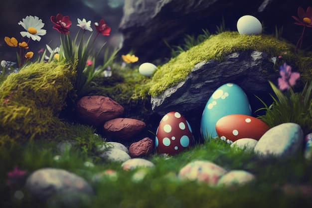 Easter eggs in a forest with flowers and grass