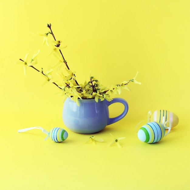 Easter eggs fresh bouquet of first spring forsythia flowers in a blue cup yellow background