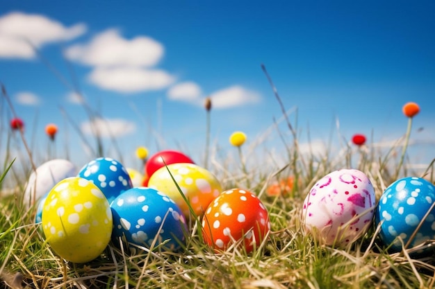 Easter eggs on fresh green grass over blue sky