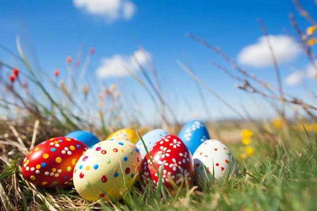 Easter eggs on fresh green grass over blue sky