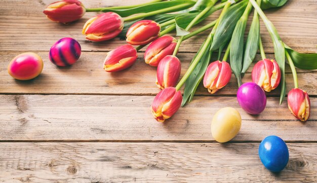 Easter eggs and fresh tulips on wooden background copy space