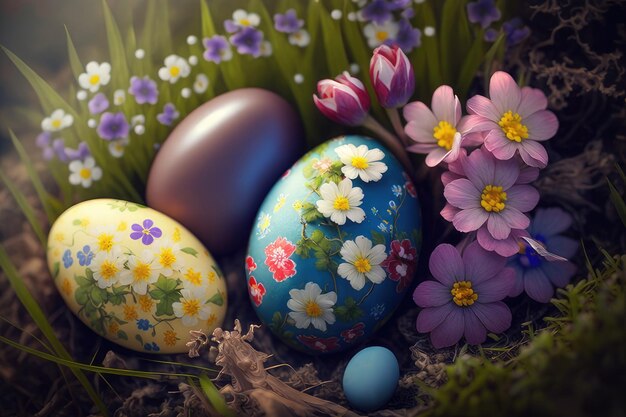 Easter eggs in a garden with flowers