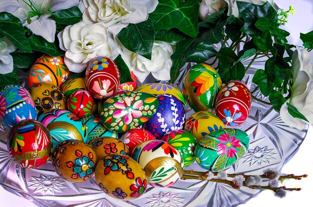 Photo easter eggs on a glass plate