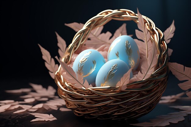 Easter eggs in a golden basket surrounded on a dark background Generated by artificial intelligence