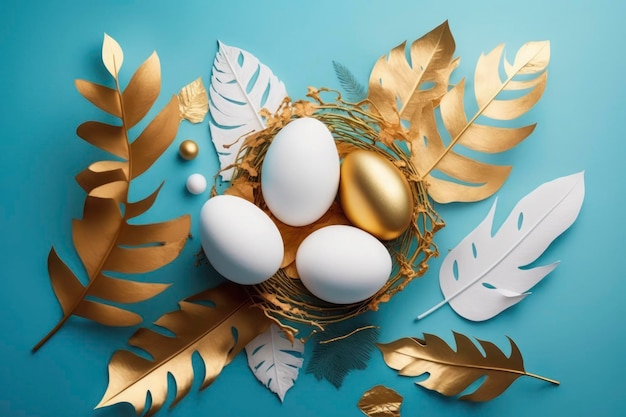 Easter eggs graphic background white eggs and golden nest and leaves artsy decoration on azure copy space generative ai illustration generative ai