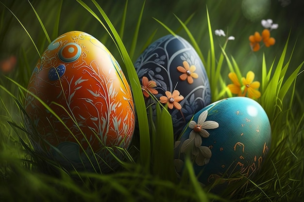 Easter eggs in the grass AI technology generated image